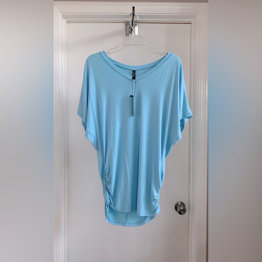 Light Blue Relaxed Dolman Short Sleeve Blouse with rushing. By Johnny